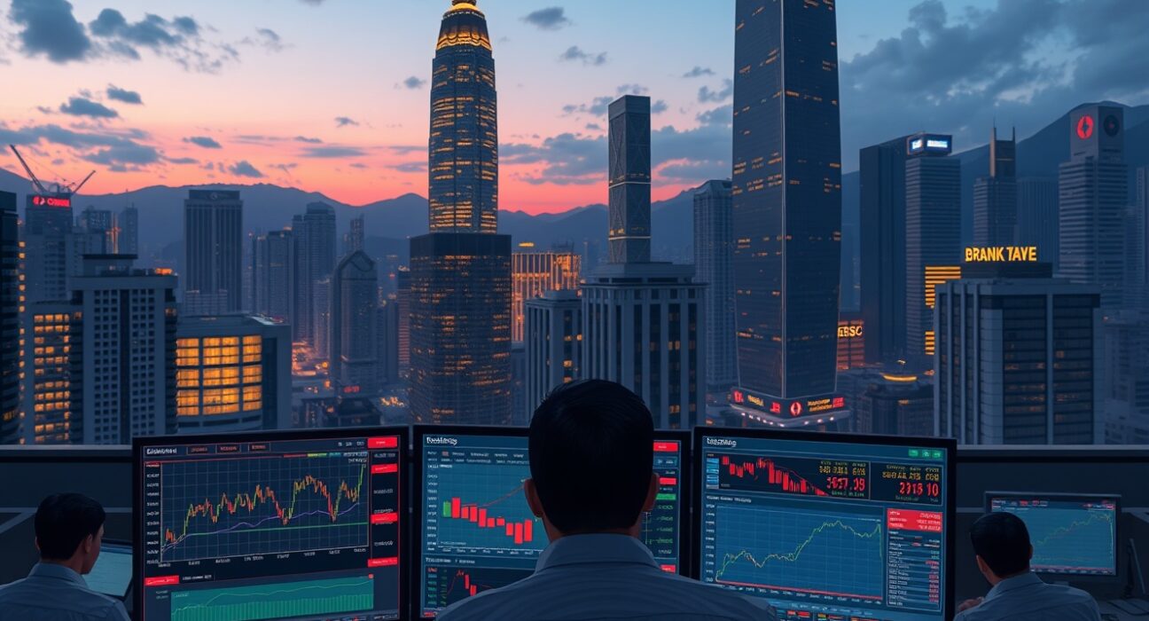 Hong Kong financial district during Asian stock market volatility with trader analyzing data screens