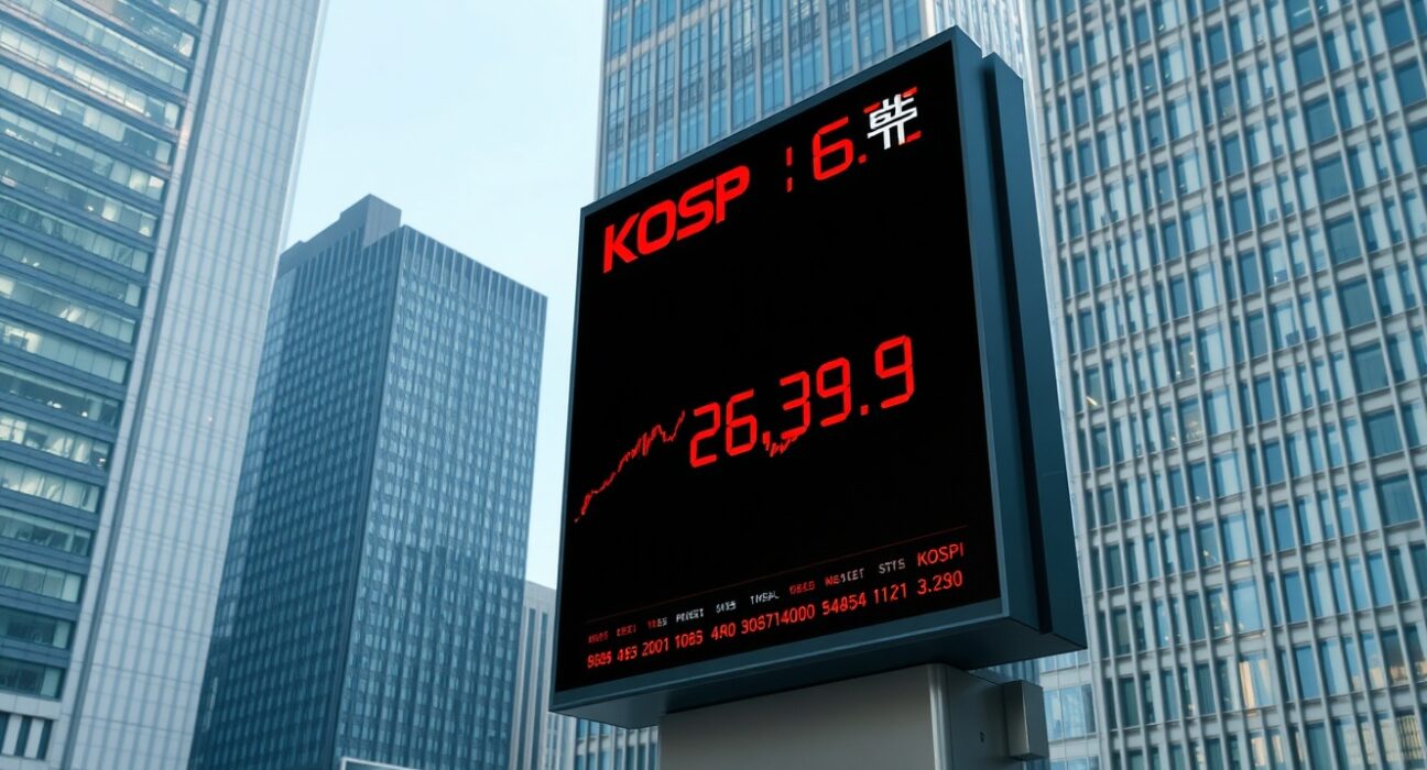KOSPI stock market decline in Seoul financial district showing Asian market correction