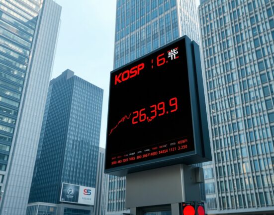 KOSPI stock market decline in Seoul financial district showing Asian market correction