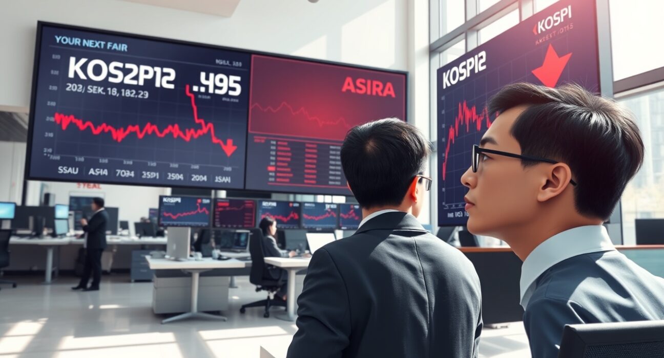 Financial analyst monitoring South Korea's KOSPI stock market decline on trading floor displays