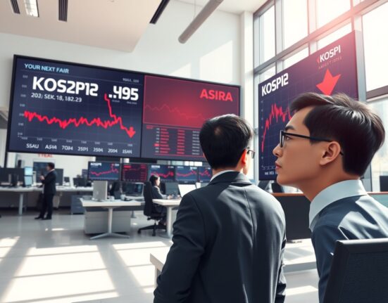 Financial analyst monitoring South Korea's KOSPI stock market decline on trading floor displays