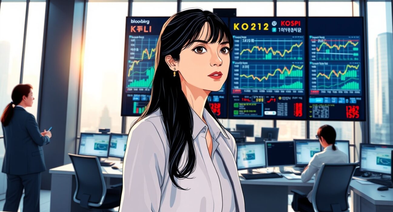 Financial analyst monitors rising Kospi index and Asian stock market data on trading screens.