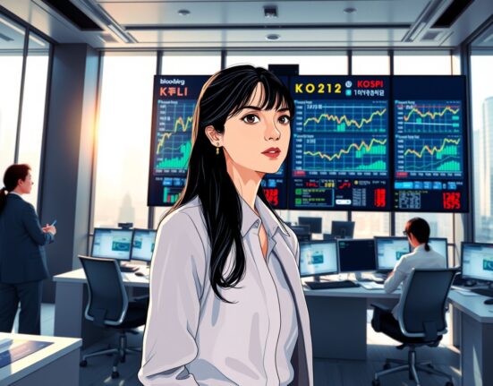 Financial analyst monitors rising Kospi index and Asian stock market data on trading screens.