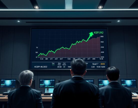 KOSPI index chart surging on trading floor display during Asian stock market gains.