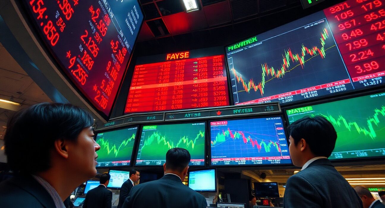 Asian stock market trading floor with mixed index charts on screens during morning trading