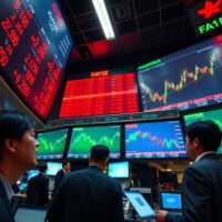 Asian stock market trading floor with mixed index charts on screens during morning trading