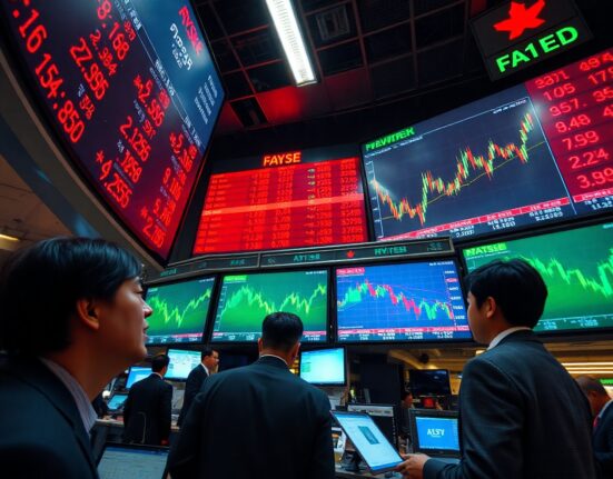 Asian stock market trading floor with mixed index charts on screens during morning trading