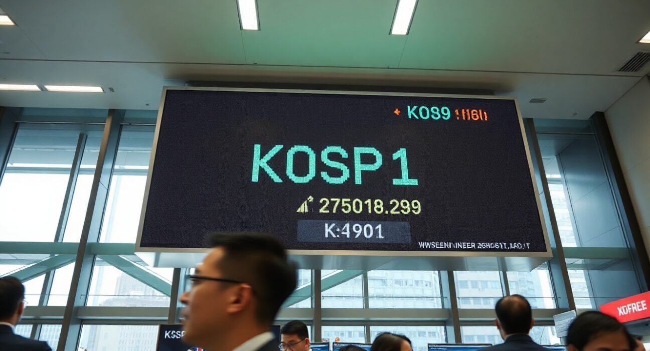 Digital stock display board showing KOSPI index at a record high in a Seoul financial district