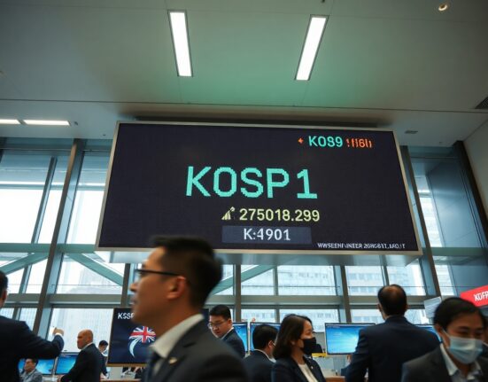 Digital stock display board showing KOSPI index at a record high in a Seoul financial district