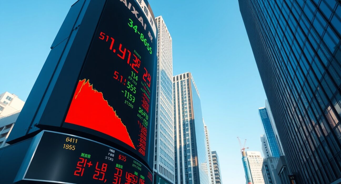 Asian stocks mixed as Nikkei declines on rising energy prices, with a digital stock board showing red numbers in Tokyo.