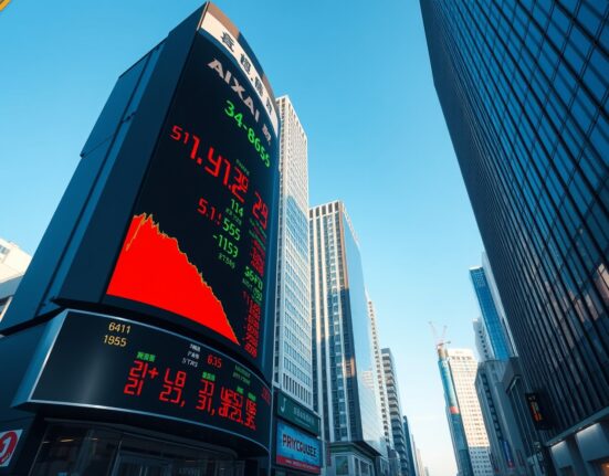 Asian stocks mixed as Nikkei declines on rising energy prices, with a digital stock board showing red numbers in Tokyo.