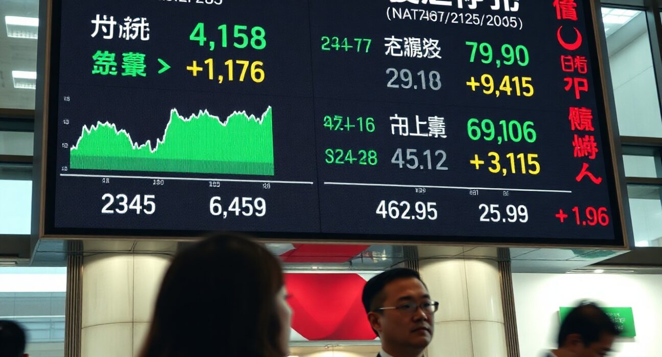 Asian stock market board showing mixed indices with Nikkei 225 in green