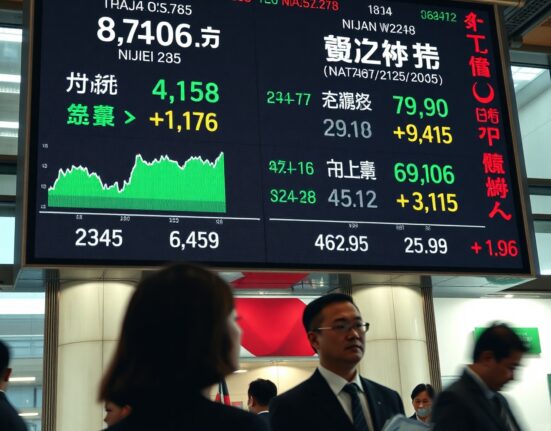 Asian stock market board showing mixed indices with Nikkei 225 in green