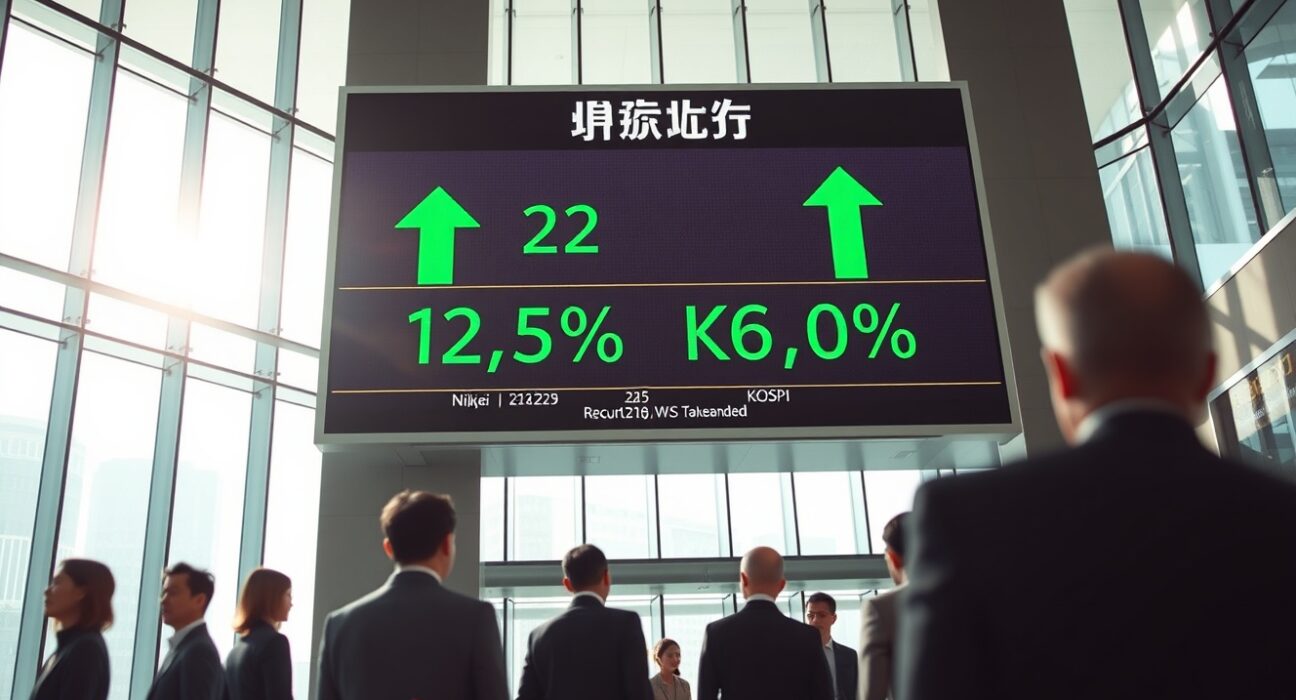 Stock market display board showing Nikkei 225 and KOSPI at record highs in a modern Asian financial district