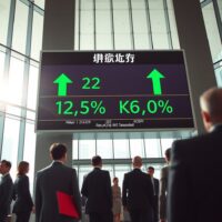 Stock market display board showing Nikkei 225 and KOSPI at record highs in a modern Asian financial district