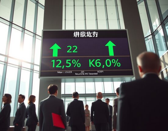 Stock market display board showing Nikkei 225 and KOSPI at record highs in a modern Asian financial district