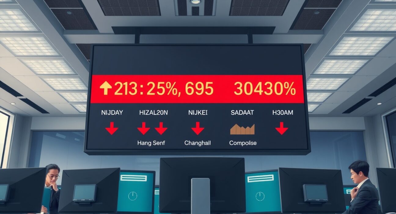 Asian stock market downturn following fragile Iran ceasefire news, showing falling indices on a trading floor display.