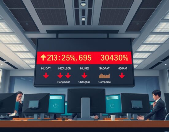 Asian stock market downturn following fragile Iran ceasefire news, showing falling indices on a trading floor display.
