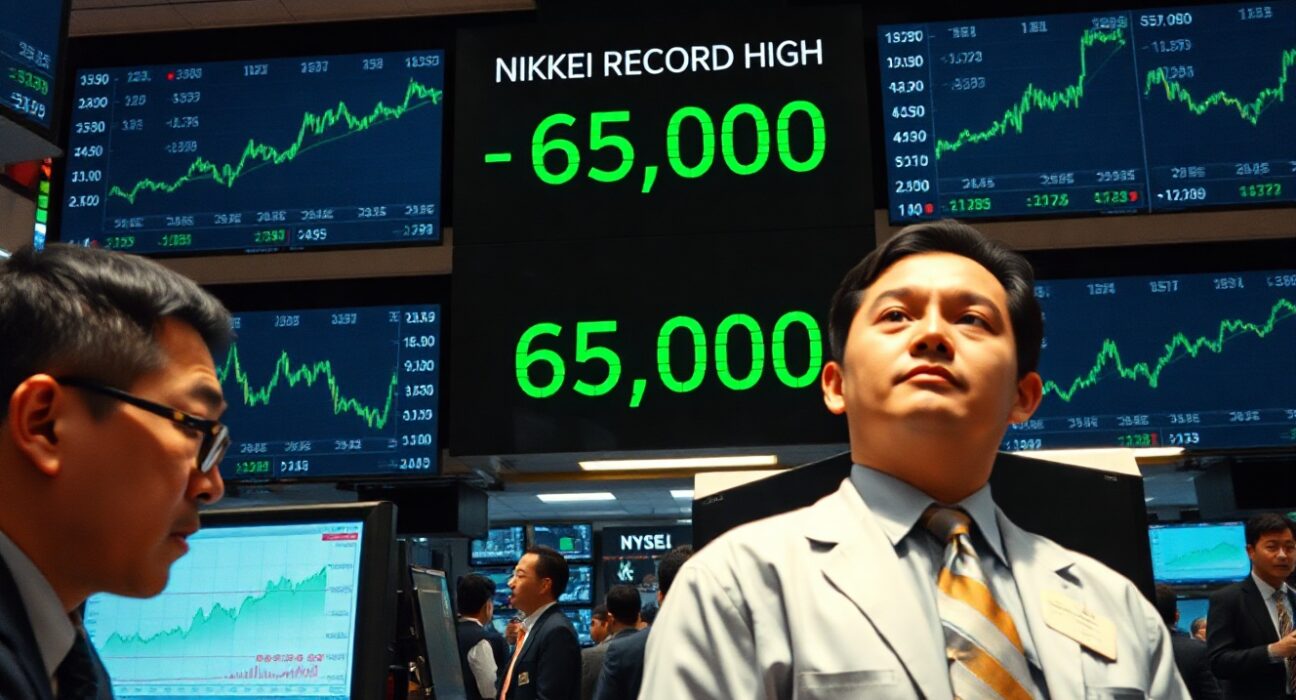 Trading floor with screens showing Nikkei index at record high above 65,000 during Asian market rally