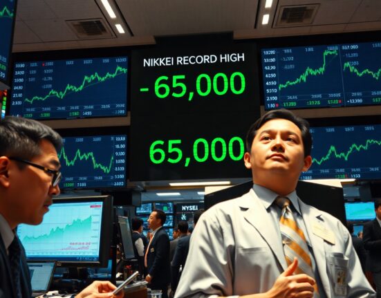 Trading floor with screens showing Nikkei index at record high above 65,000 during Asian market rally