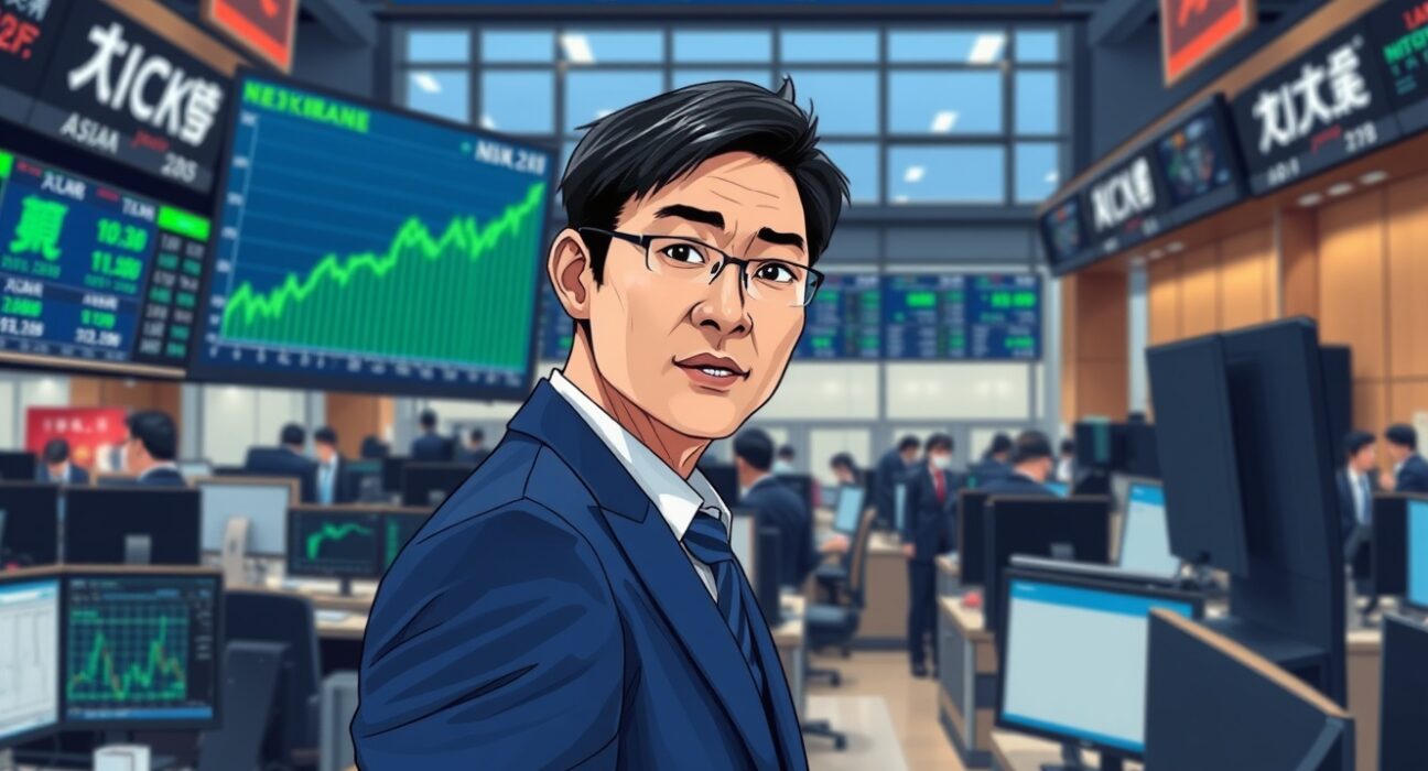 Trader at Tokyo Stock Exchange monitoring the surging Nikkei 225 index during Asian stocks rally.