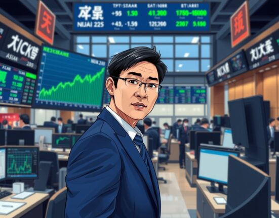 Trader at Tokyo Stock Exchange monitoring the surging Nikkei 225 index during Asian stocks rally.