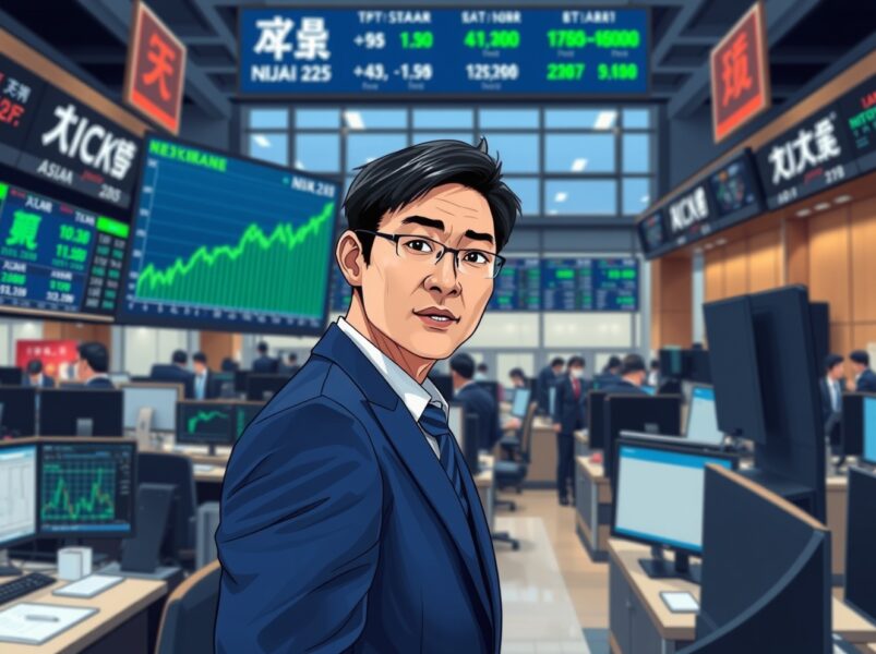 Trader at Tokyo Stock Exchange monitoring the surging Nikkei 225 index during Asian stocks rally.