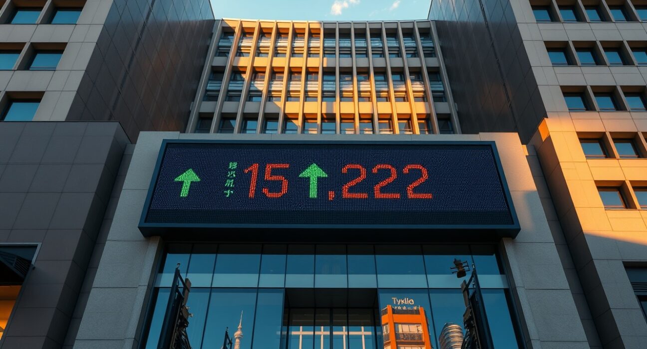 Tokyo Stock Exchange building with Nikkei 225 index showing record high on digital display