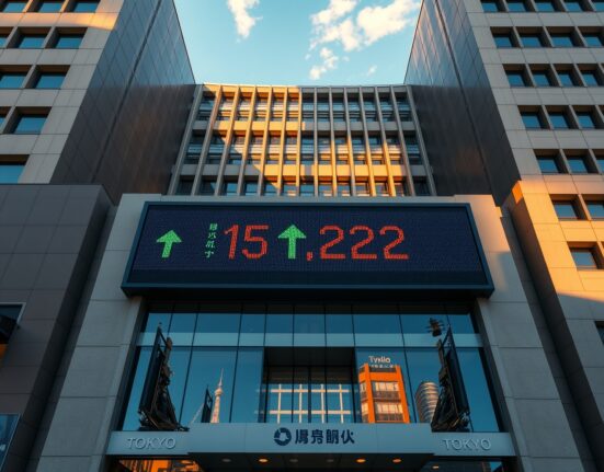 Tokyo Stock Exchange building with Nikkei 225 index showing record high on digital display