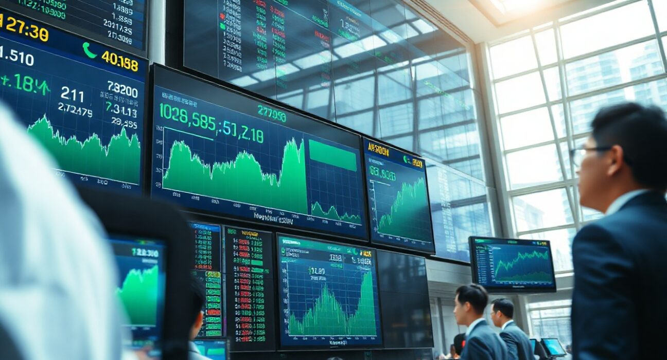 Asian stock exchange trading floor with green market charts indicating a rally
