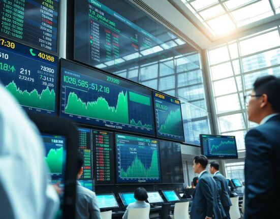 Asian stock exchange trading floor with green market charts indicating a rally