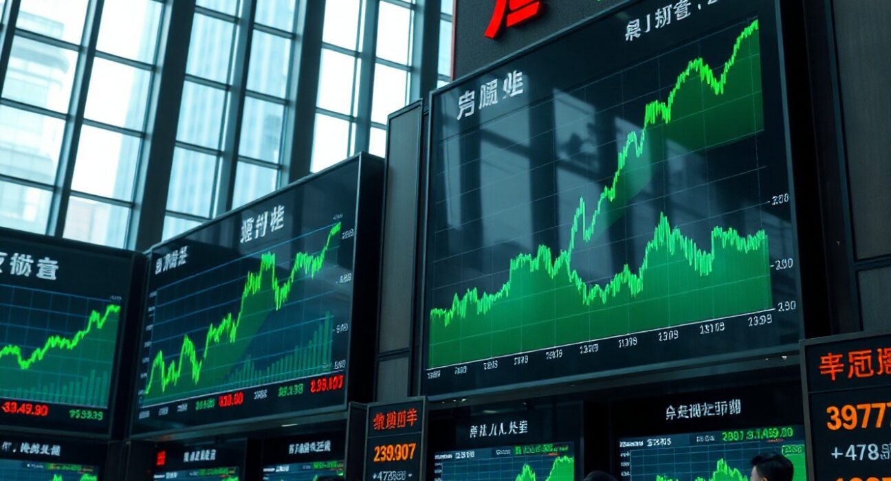 Traders watch rising stock charts on screens at an Asian exchange after positive CPI data and AI earnings