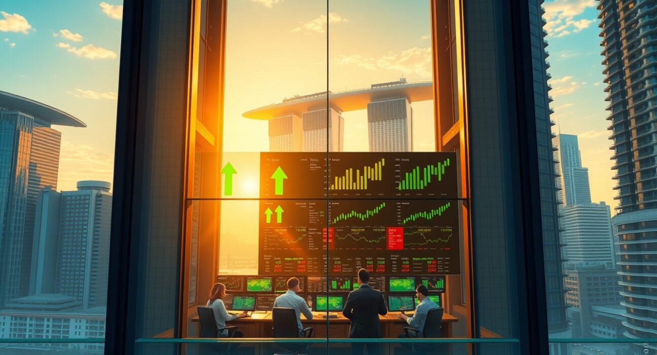 Asian financial district trading floor during market rally following US-Iran ceasefire announcement