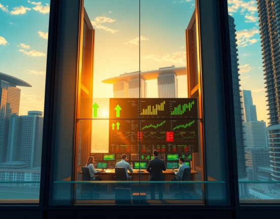 Asian financial district trading floor during market rally following US-Iran ceasefire announcement