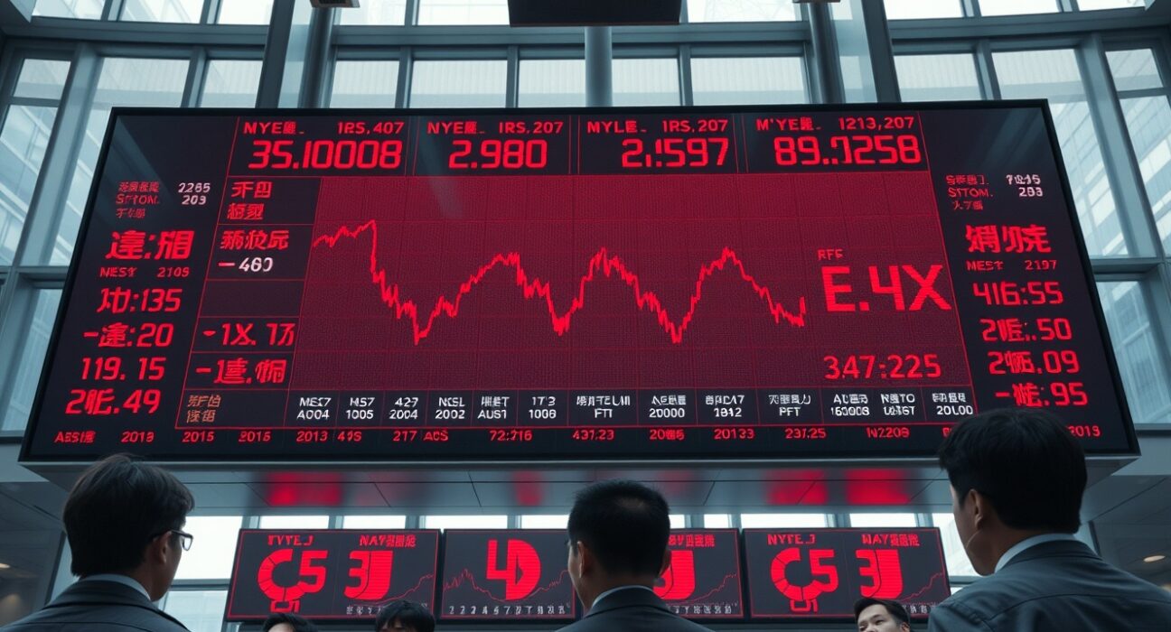 Traders watching a red digital stock board showing declining Asian market indices