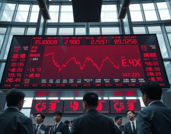 Traders watching a red digital stock board showing declining Asian market indices