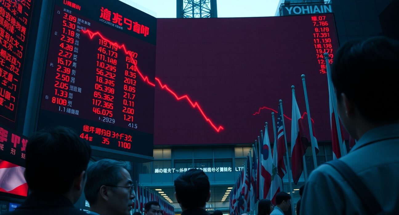 Asian stock market board showing red declining numbers amid geopolitical tensions