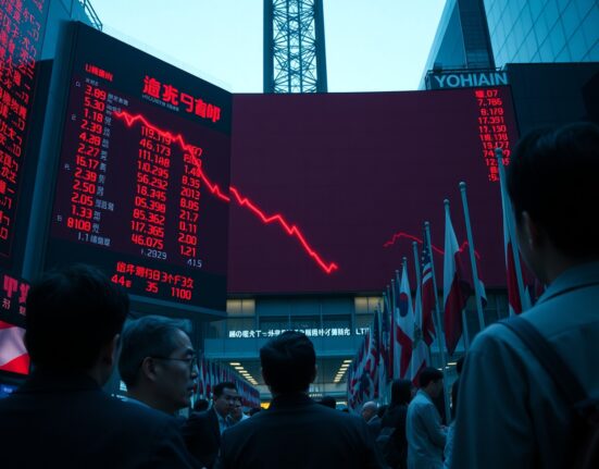 Asian stock market board showing red declining numbers amid geopolitical tensions