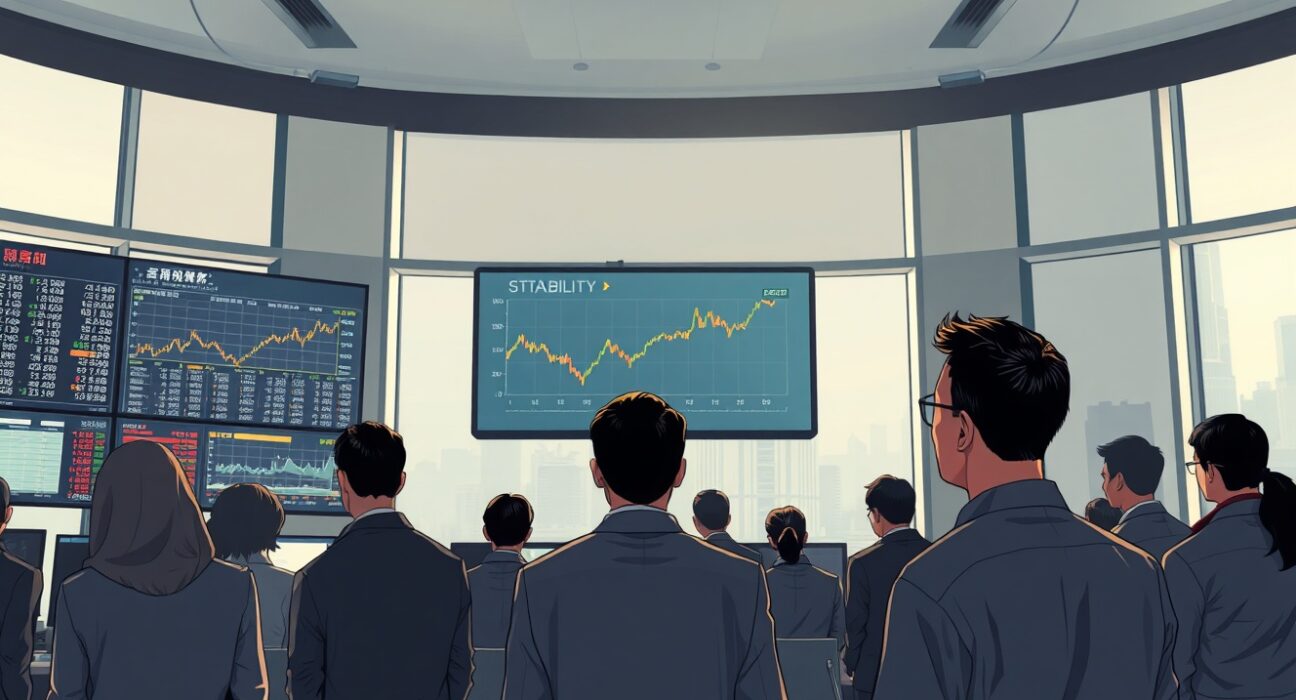 Financial analysts monitoring steady Asian stock market trends amid geopolitical uncertainty.