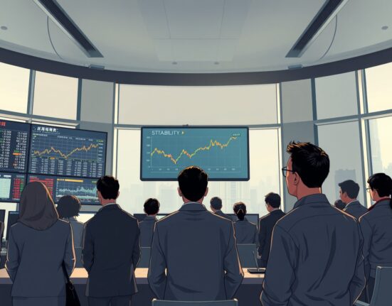 Financial analysts monitoring steady Asian stock market trends amid geopolitical uncertainty.