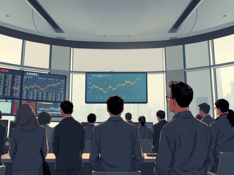 Financial analysts monitoring steady Asian stock market trends amid geopolitical uncertainty.