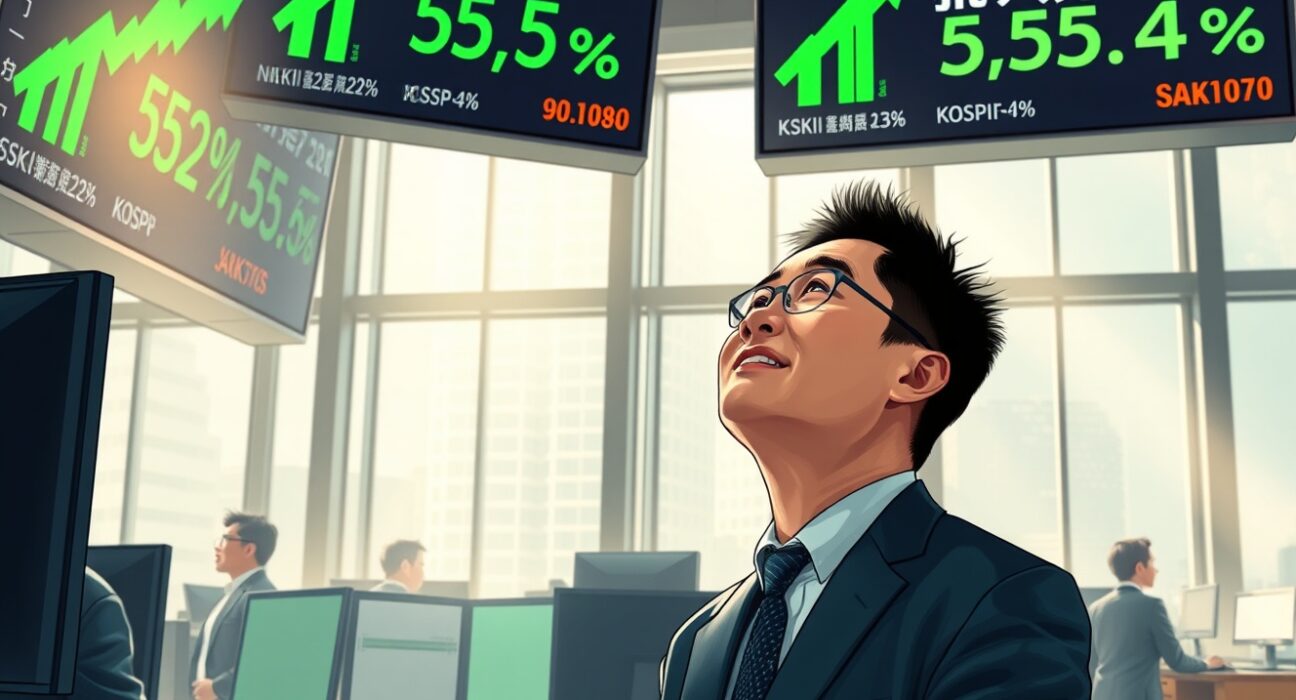 Asian financial trader reacts to stock market surge following US-Iran ceasefire news with Nikkei and Kospi gains.