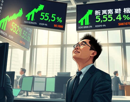 Asian financial trader reacts to stock market surge following US-Iran ceasefire news with Nikkei and Kospi gains.