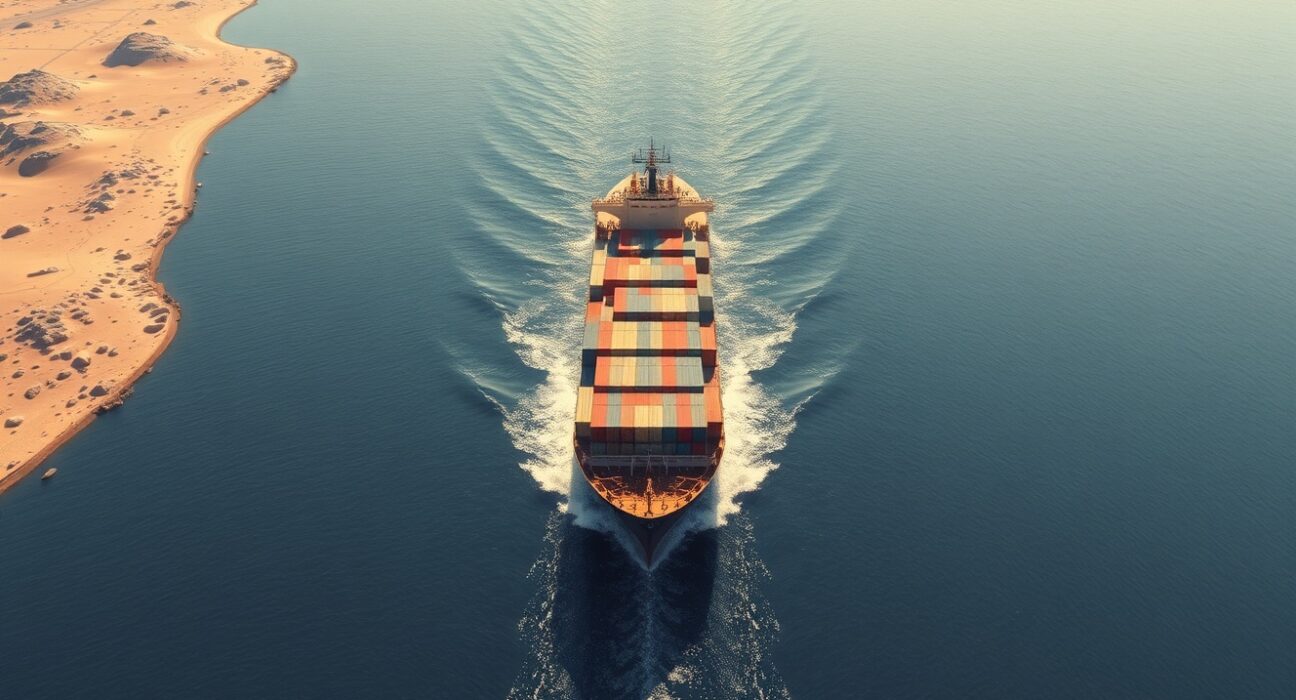 Strategic Strait of Hormuz waterway showing maritime traffic amid geopolitical tensions affecting Asian markets