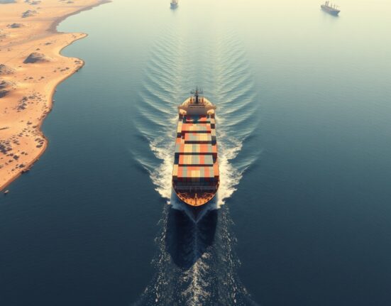 Strategic Strait of Hormuz waterway showing maritime traffic amid geopolitical tensions affecting Asian markets