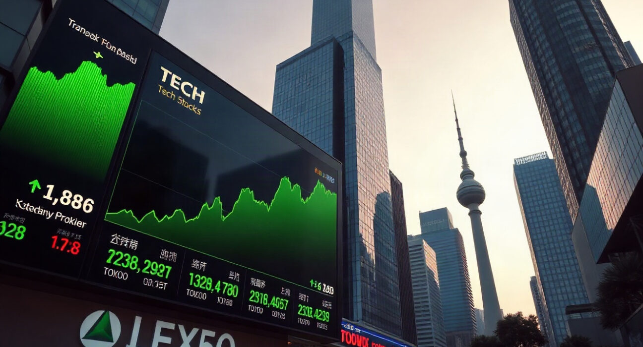 Asian financial district skyline with a digital trading board showing rising charts for tech stocks and bonds