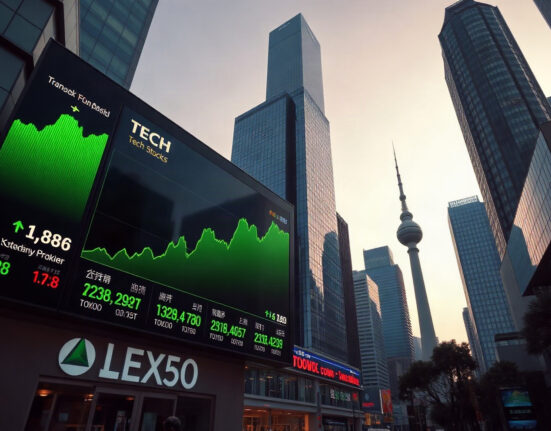 Asian financial district skyline with a digital trading board showing rising charts for tech stocks and bonds