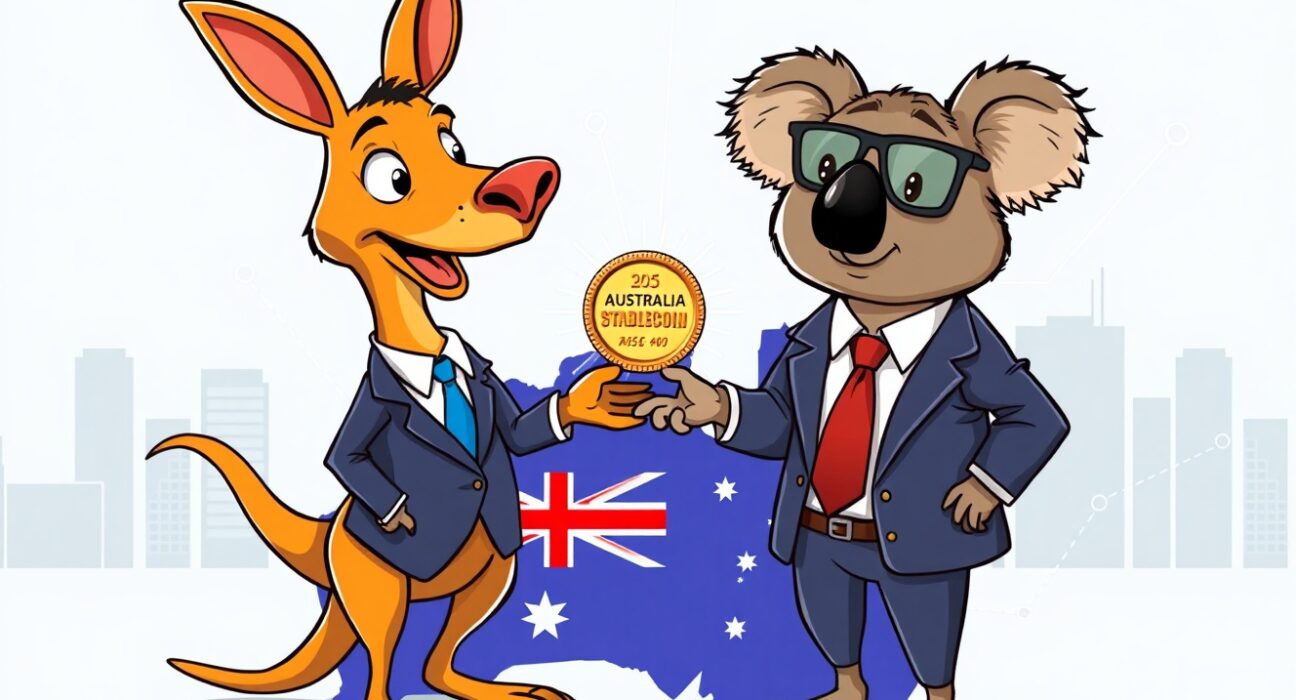 Cartoon illustrating ASIC's positive move to ease stablecoin regulation for Australian financial firms, fostering clarity.