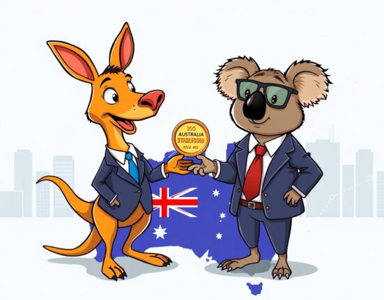 Cartoon illustrating ASIC's positive move to ease stablecoin regulation for Australian financial firms, fostering clarity.