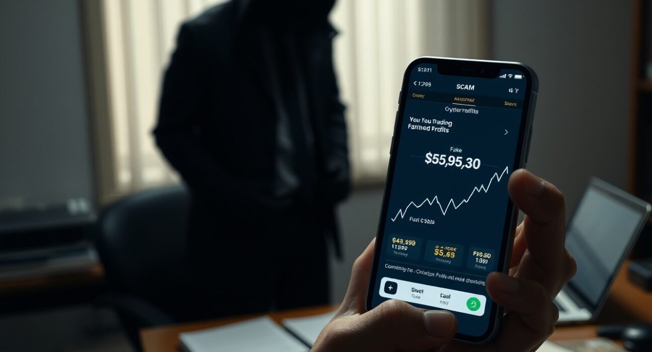 Person looking at smartphone with fake crypto trading app, shadowy figure in background